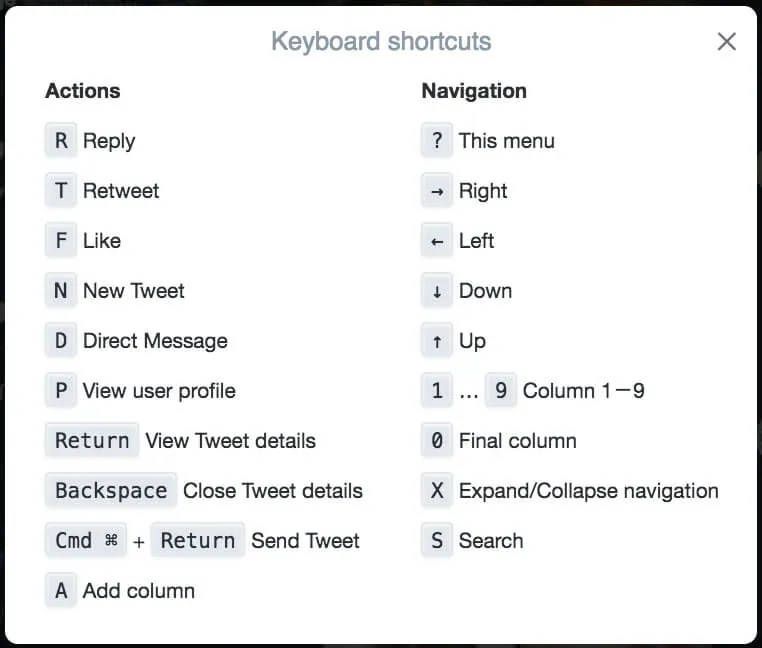 TweetDeck キーボードショートカット