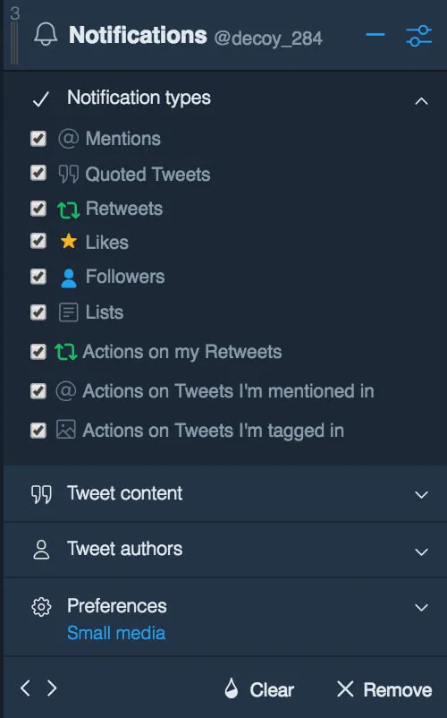 TweetDeck ツイートの絞り込み Notification types